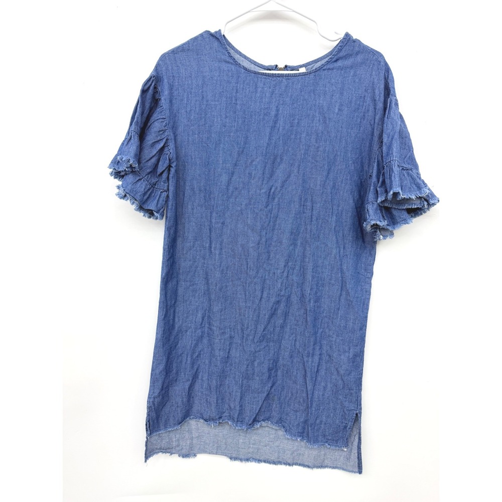Girl Krazy Chambray Denim Ruffle Sleeve Shift Dress Womens Small Blue